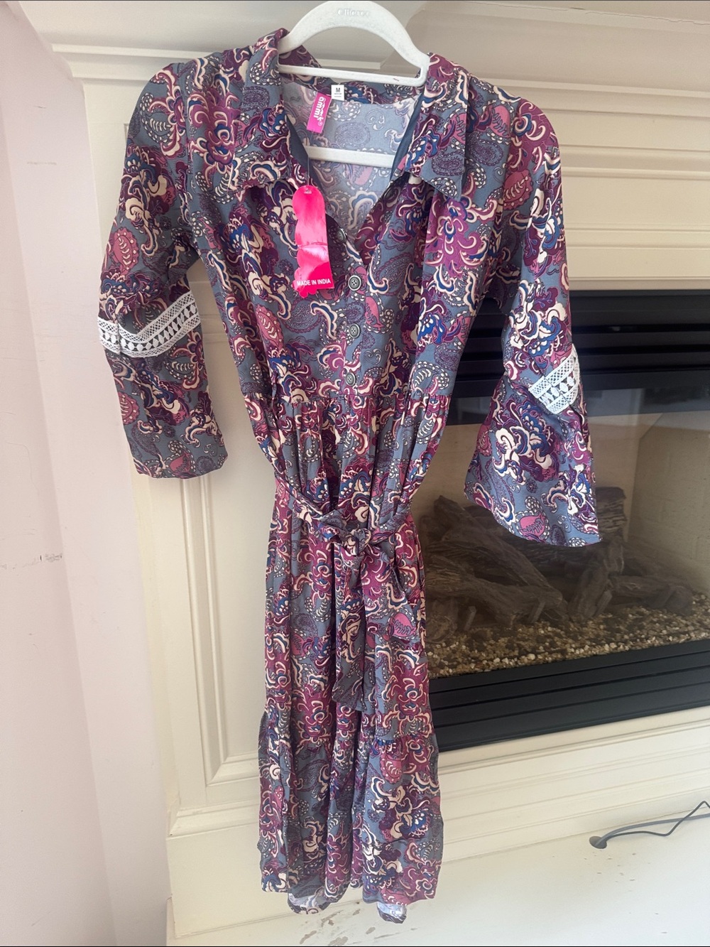 Long Sleeve Paisley-Print Belted Maxi Dress in Purple